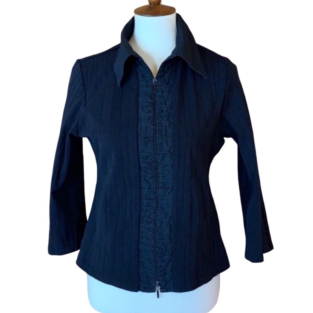 Stera black zip front jacket with ruffle detail Size Large